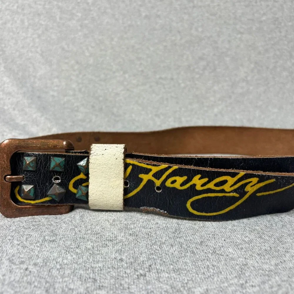 Ed Hardy Black Leather Studded Graphic Belt Skull Tiger Y2K Punk Rock